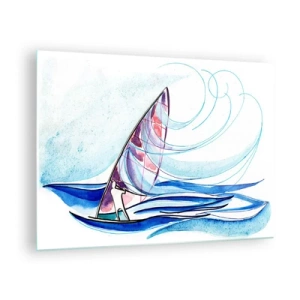 Quadro su vetro - Una barca a vela sulle onde in stile acquerello - 70x50cm - Con il vento al ritmo delle onde - Decorazione murale moderna per soggiorno e camera da letto ARTTOR