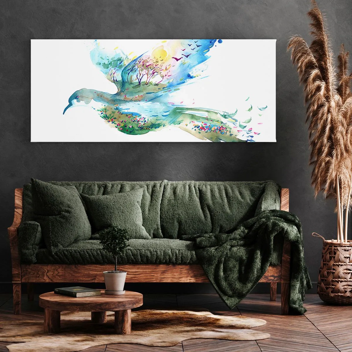 Quadro su tela - Stampe su Tela - Composizione ad acquerello di un uccello con elementi della natura - 140x50cm - Sulle ali della natura - Decorazione murale moderna per soggiorno e camera da letto ARTTOR