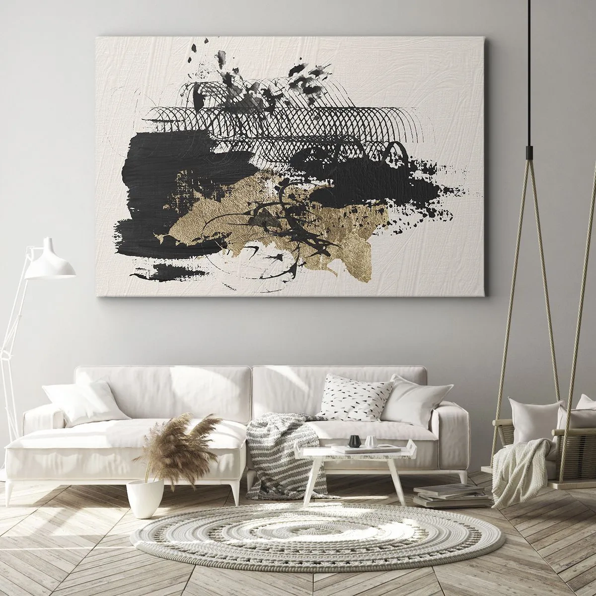 Quadro su tela - Stampe su Tela - Un dipinto astratto in nero e oro con linee e strutture dinamiche. - 70x50cm - Composizione con passione - Decorazione murale moderna per soggiorno e camera da letto ARTTOR