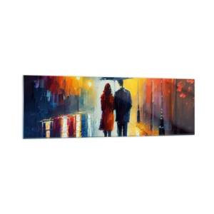 Quadro su vetro - Una coppia sotto un ombrello che cammina attraverso una colorata città notturna - 160x50cm - Insieme la notte è colorata - Decorazione murale moderna per soggiorno e camera da letto ARTTOR
