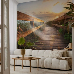 Fotomurali Premium Sand - Sentiero in legno che conduce alla spiaggia al tramonto - 100x70cm - Dritto verso la riva - Decorazione murale moderna per soggiorno e camera da letto ARTTOR