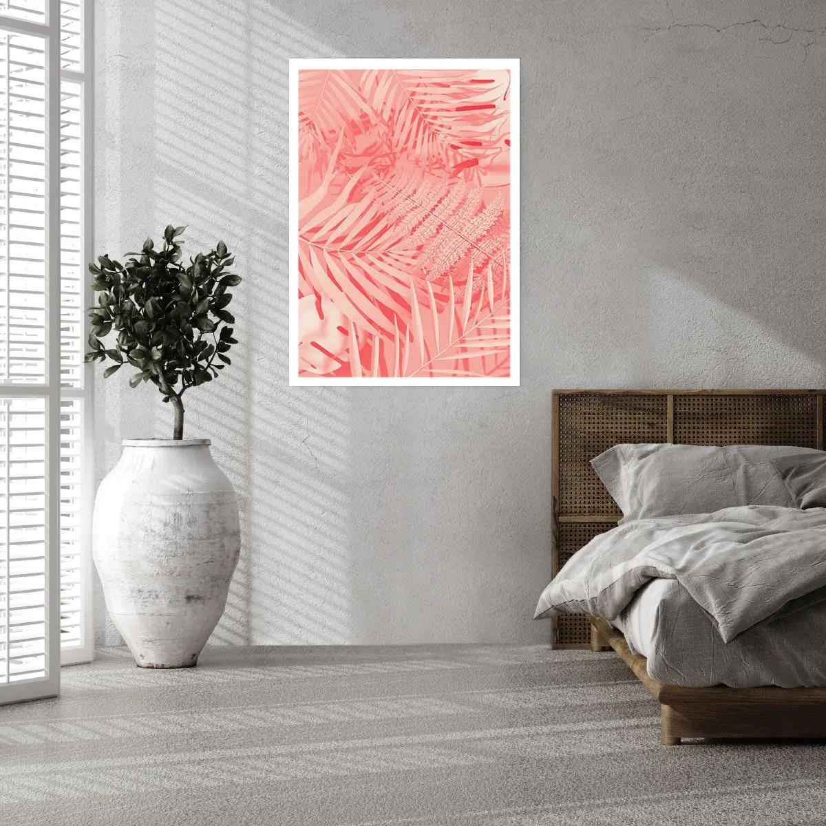 Poster - Felce rosa e foglie di palma su uno sfondo pastello - 50x70cm - Concetto rosa - Decorazione murale moderna per soggiorno e camera da letto ARTTOR