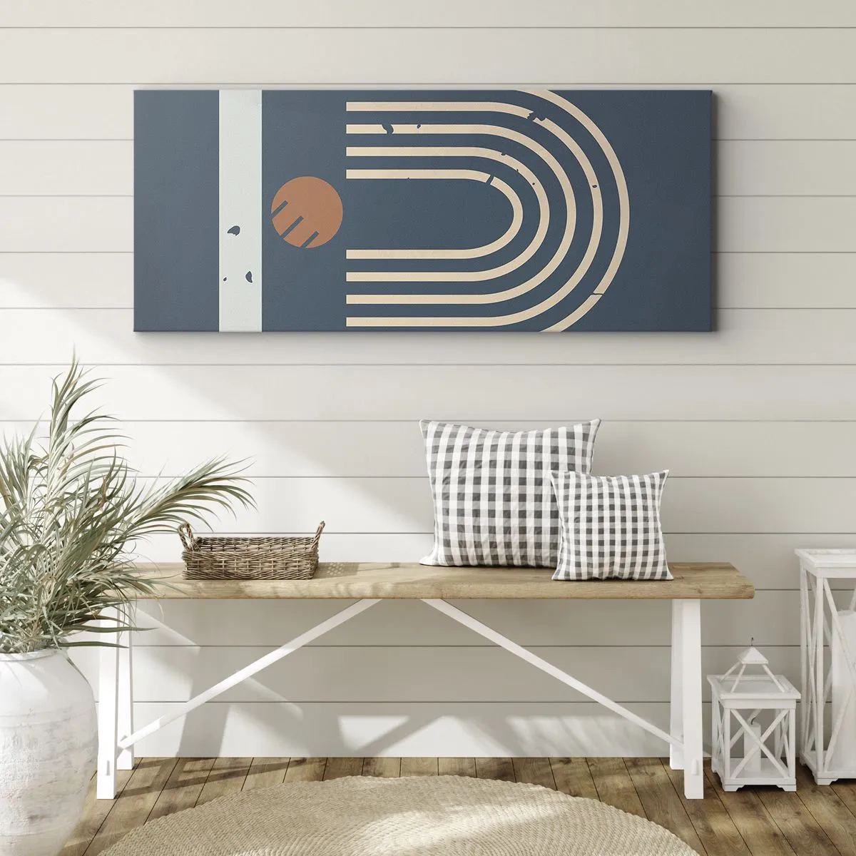 Quadro su tela - Stampe su Tela - Motivo geometrico nei toni del blu navy, beige e arancione su sfondo scuro - 160x50cm - Geometria in blu - Decorazione murale moderna per soggiorno e camera da letto ARTTOR