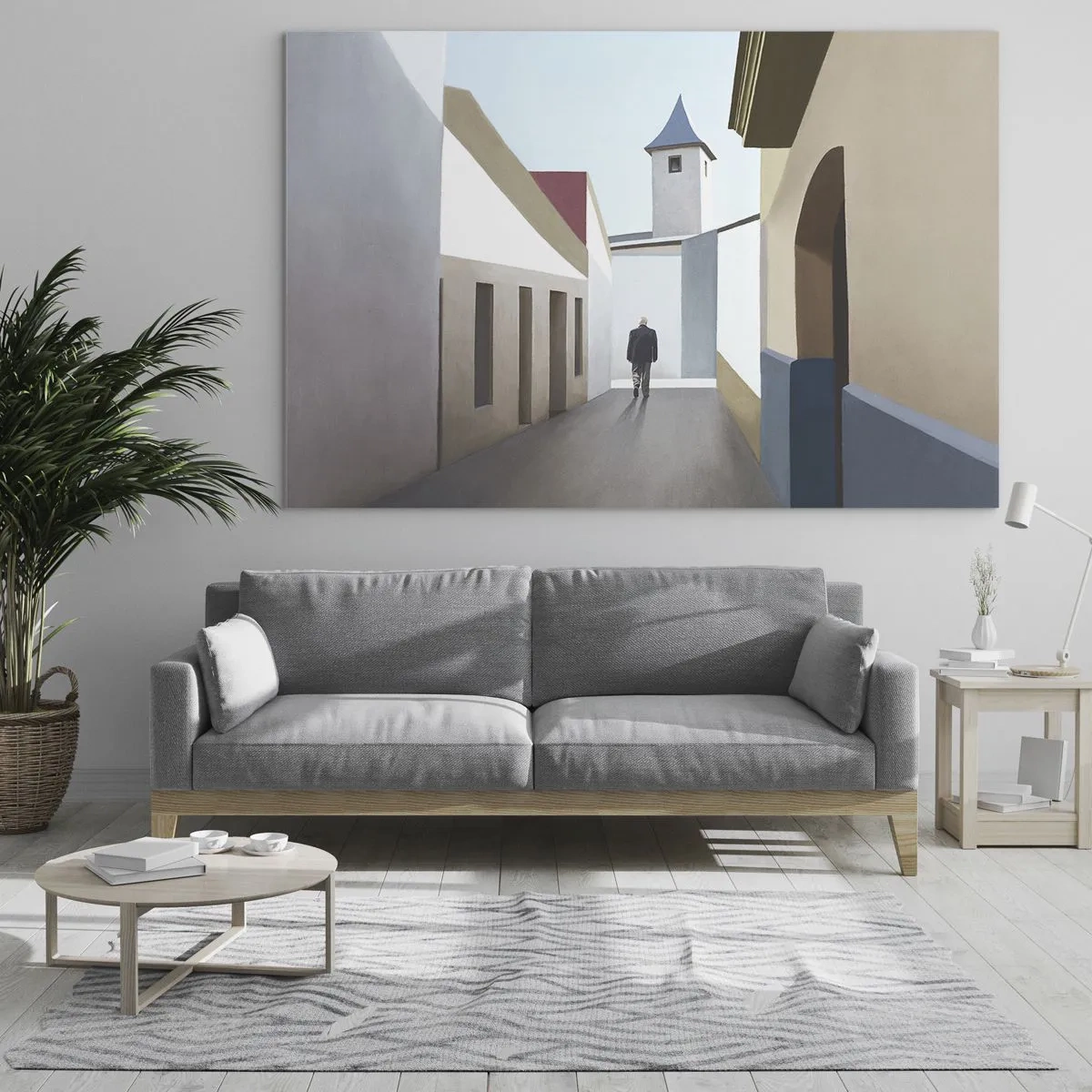 Quadro su vetro - Una strada al sole con una figura che cammina in lontananza - 120x80cm - Passeggiata assolata - Decorazione murale moderna per soggiorno e camera da letto ARTTOR
