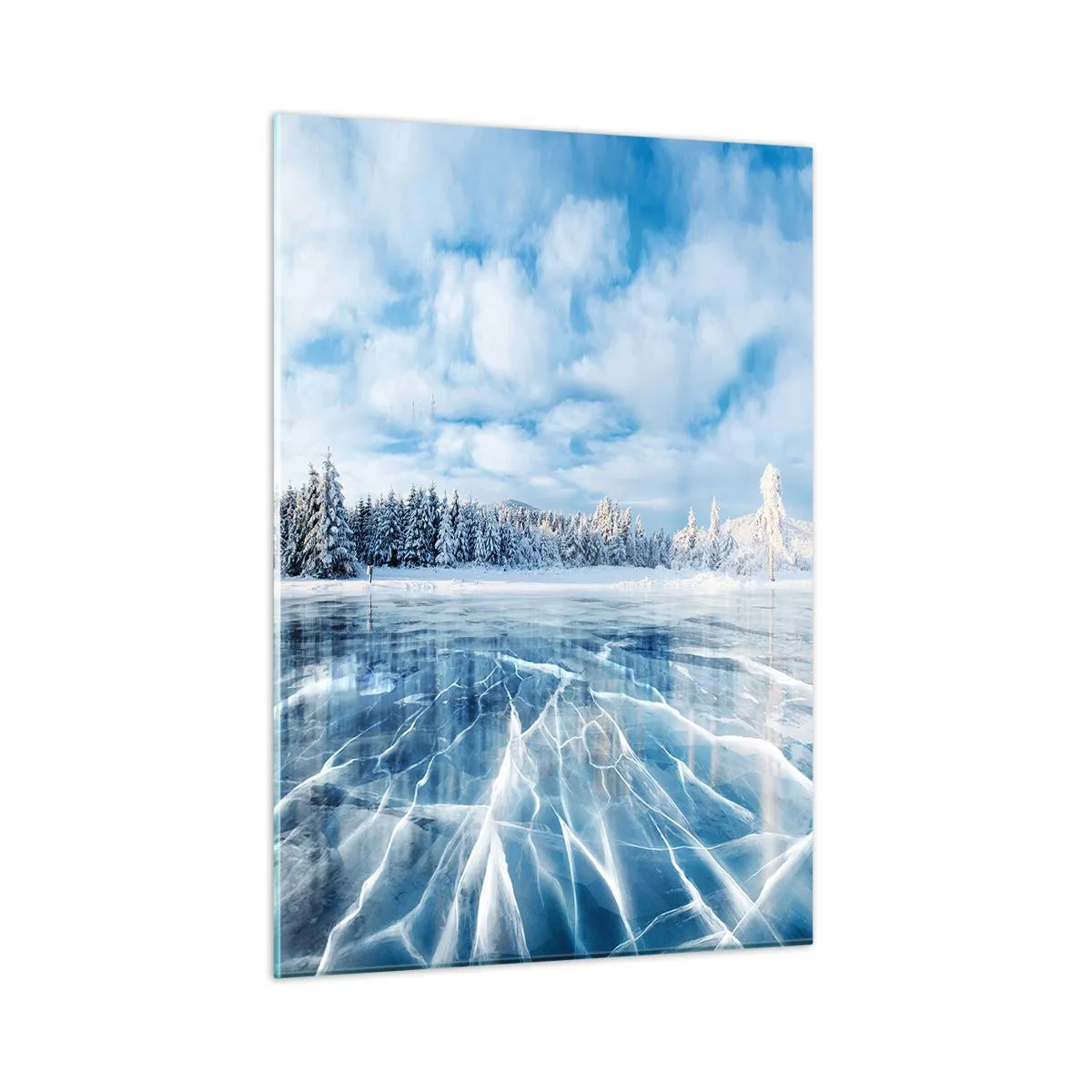 Quadro su vetro - Un lago ghiacciato circondato da una foresta invernale - 50x70cm - Vista lucente e cristallina - Decorazione murale moderna per soggiorno e camera da letto ARTTOR
