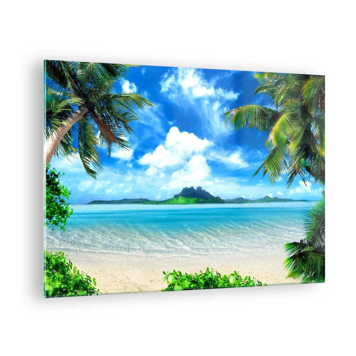 Quadro su vetro - Una spiaggia tropicale con palme e vista su un'isola montuosa - 70x50cm - L'azzurro dei tropici - Decorazione murale moderna per soggiorno e camera da letto ARTTOR