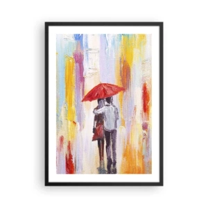 Poster in cornice nera - Una scena romantica con una coppia sotto un ombrello rosso sullo sfondo di una città. - 50x70cm - Che piova ancora - Decorazione murale moderna per soggiorno e camera da letto ARTTOR