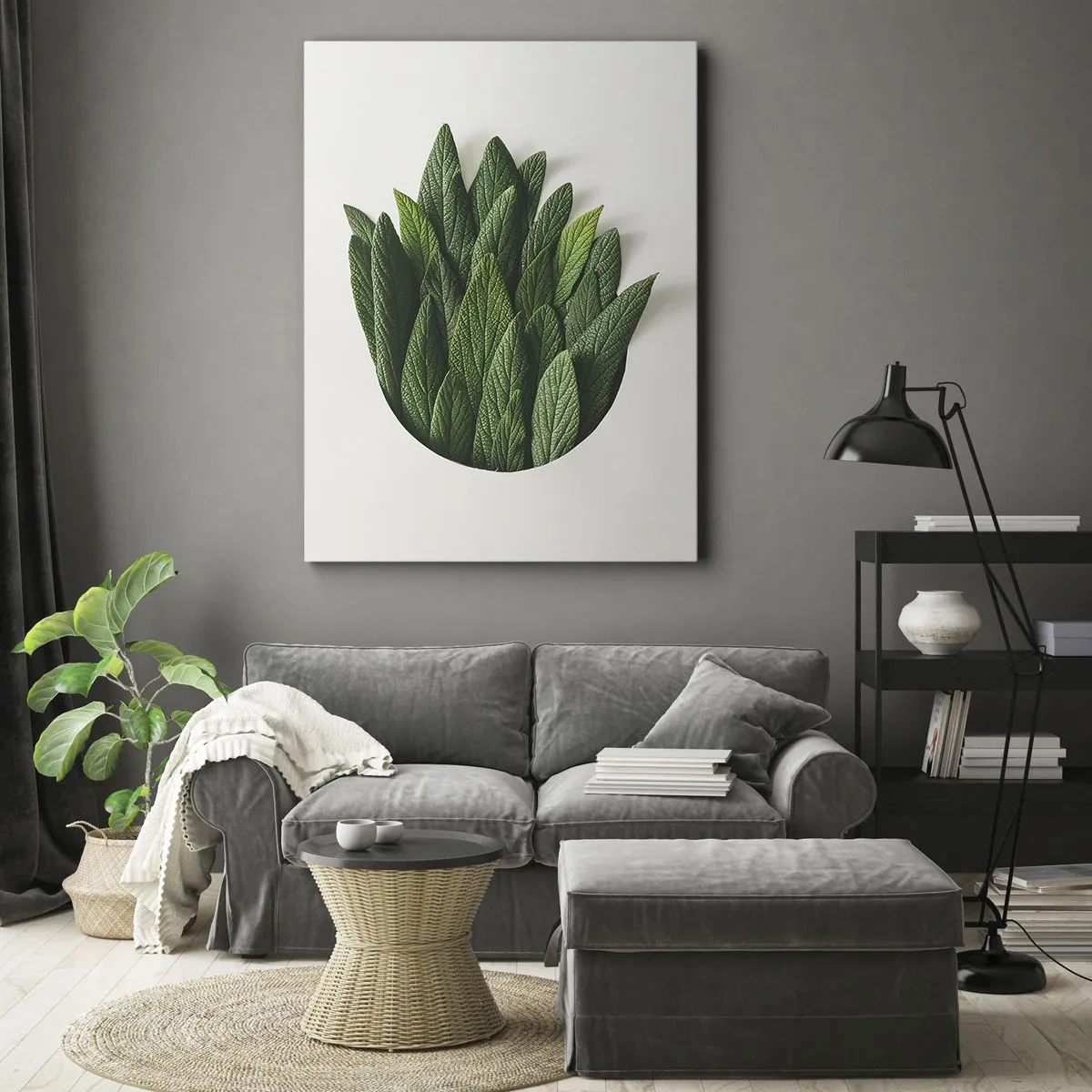 Quadro su tela - Stampe su Tela - Una composizione di foglie verdi su uno sfondo chiaro - 50x70cm - Curiosità irrefrenabile - Decorazione murale moderna per soggiorno e camera da letto ARTTOR