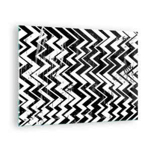 Quadro su vetro - Un motivo a zigzag bianco e nero dalla composizione e dalla consistenza dinamiche. - 70x50cm - Zig-bianco, zag-nero - Decorazione murale moderna per soggiorno e camera da letto ARTTOR