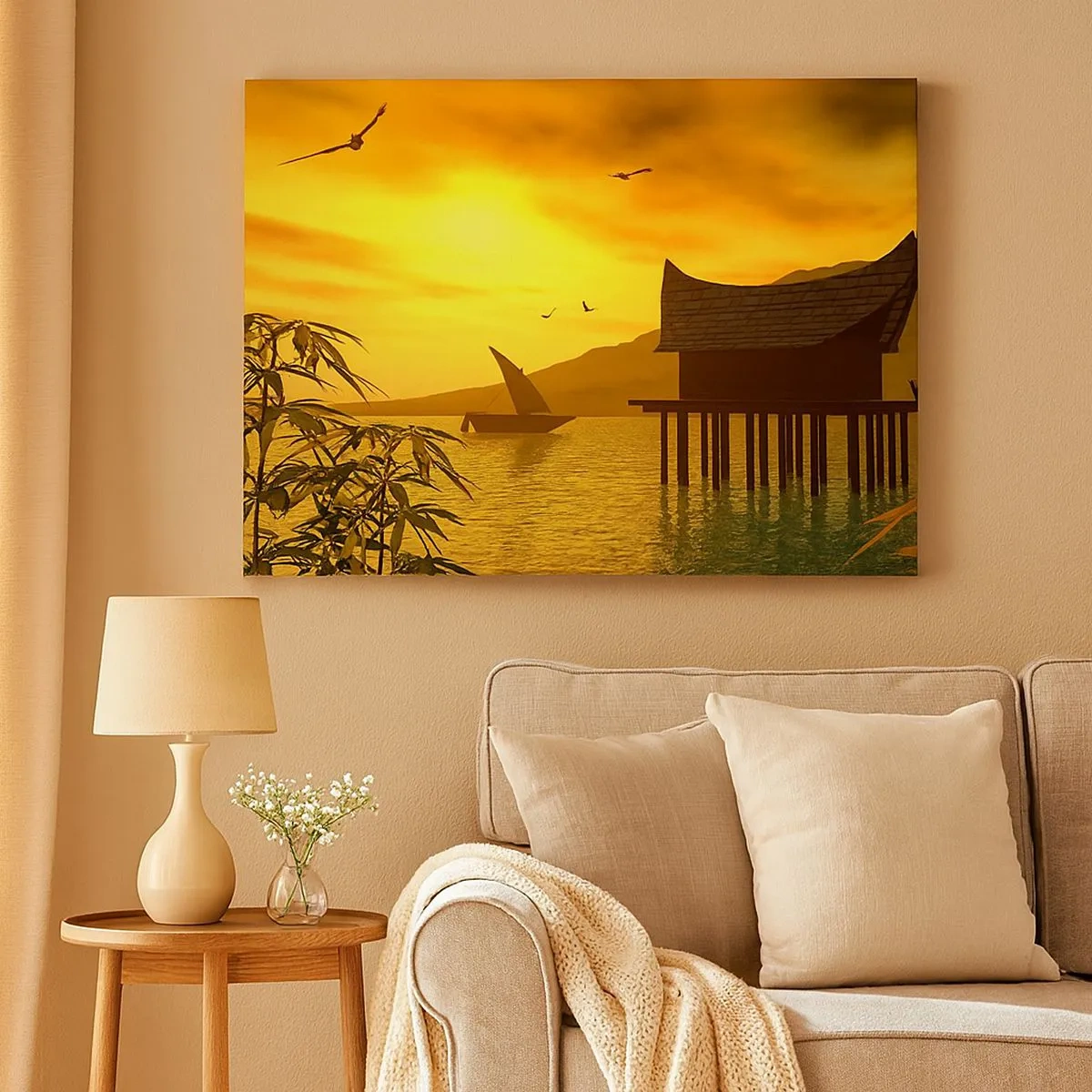 Quadro su tela - Stampe su Tela - Tramonto tropicale sull'acqua con casa in legno su palafitte. - 70x50cm - Calma desiderata - Decorazione murale moderna per soggiorno e camera da letto ARTTOR