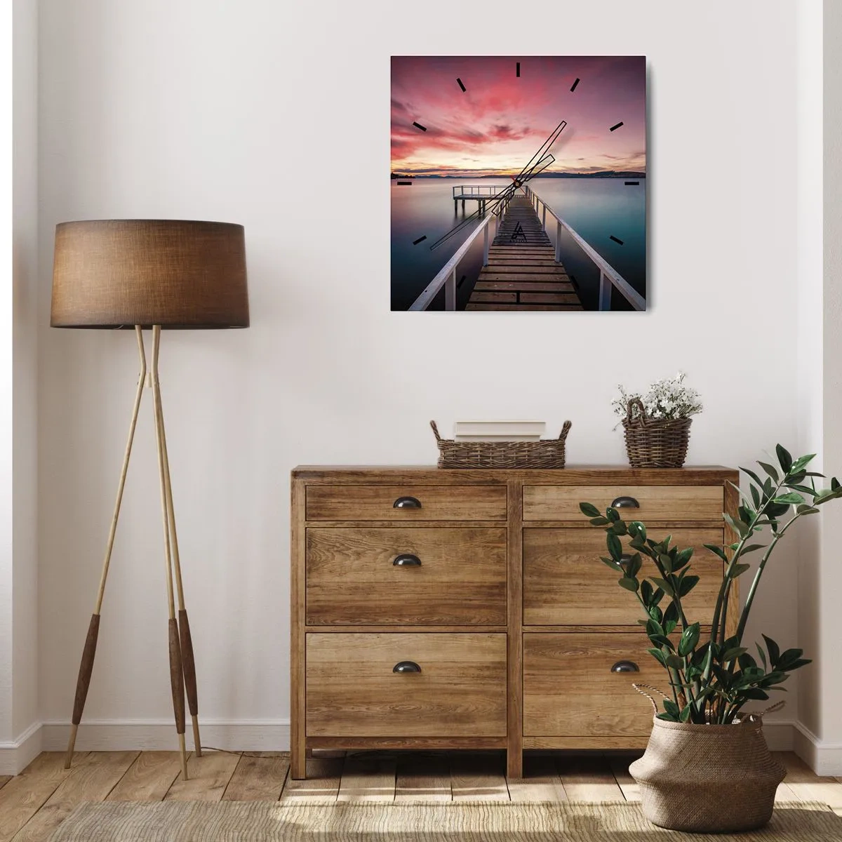 Orologio da parete - Orologio in Vetro - Un molo che conduce a un lago tranquillo al tramonto - 30x30cm - La fiamma mite della sera - Decorazione murale moderna per soggiorno e camera da letto ARTTOR
