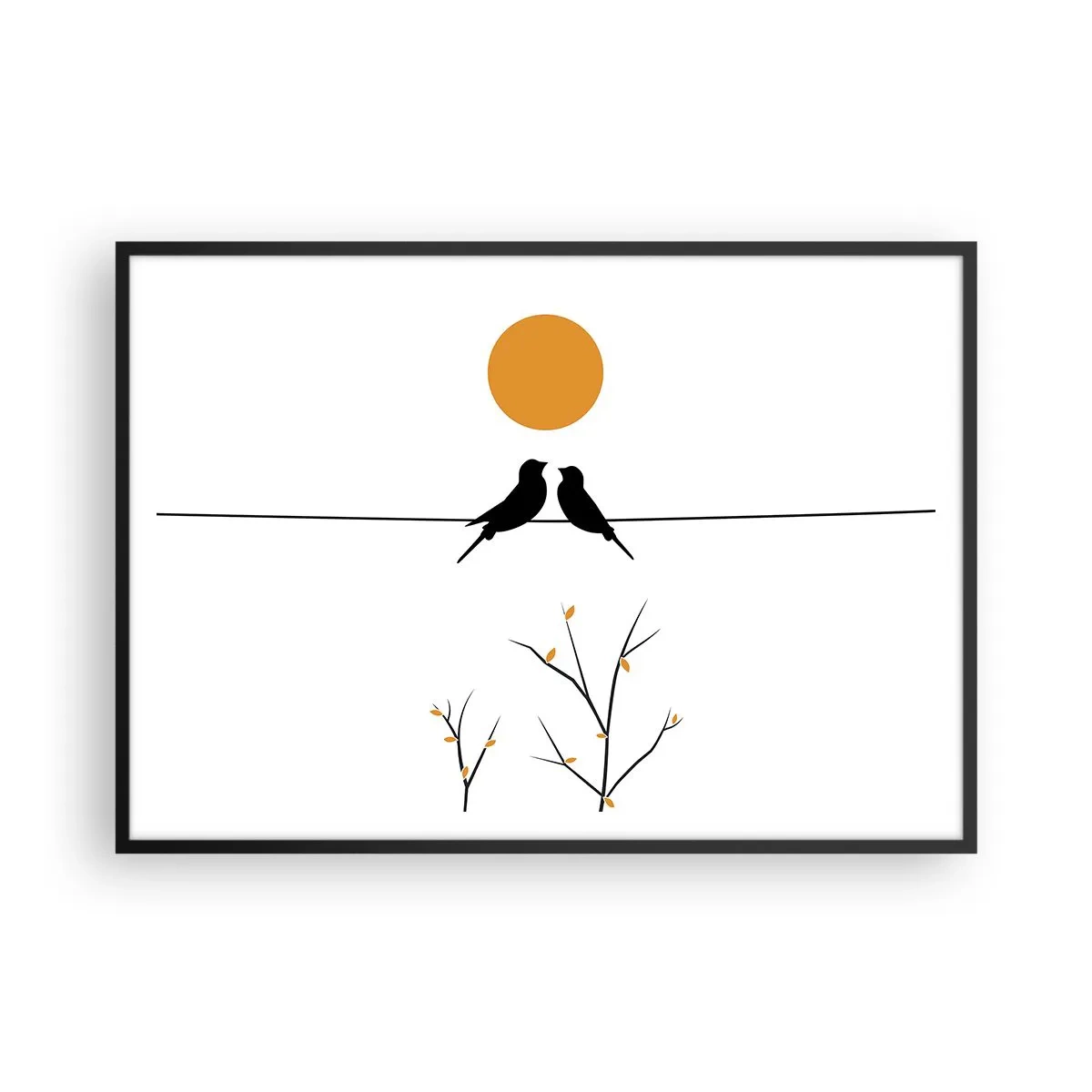 Poster in cornice nera - Uccelli su una linea con un sole giallo - 100x70cm - Sera da usignoli - Decorazione murale moderna per soggiorno e camera da letto ARTTOR