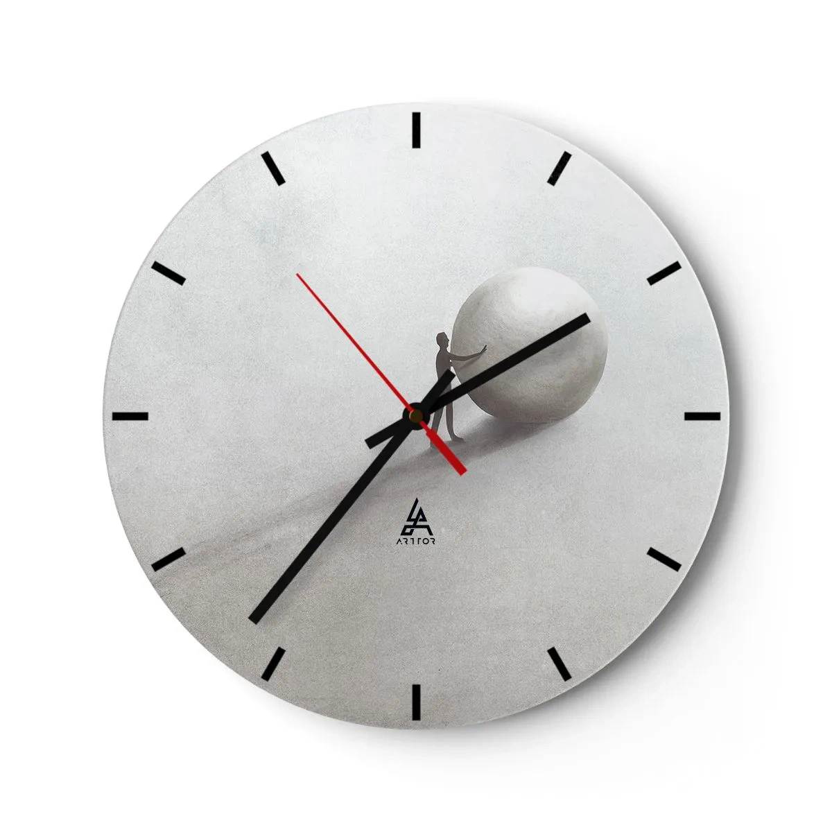 Orologio da parete - Orologio in Vetro - Una figura spinge una palla su uno sfondo luminoso di deserto in una scena simbolica. - 30x30cm - Il gioco della vita - Decorazione murale moderna per soggiorno, cucina e camera da letto ARTTOR