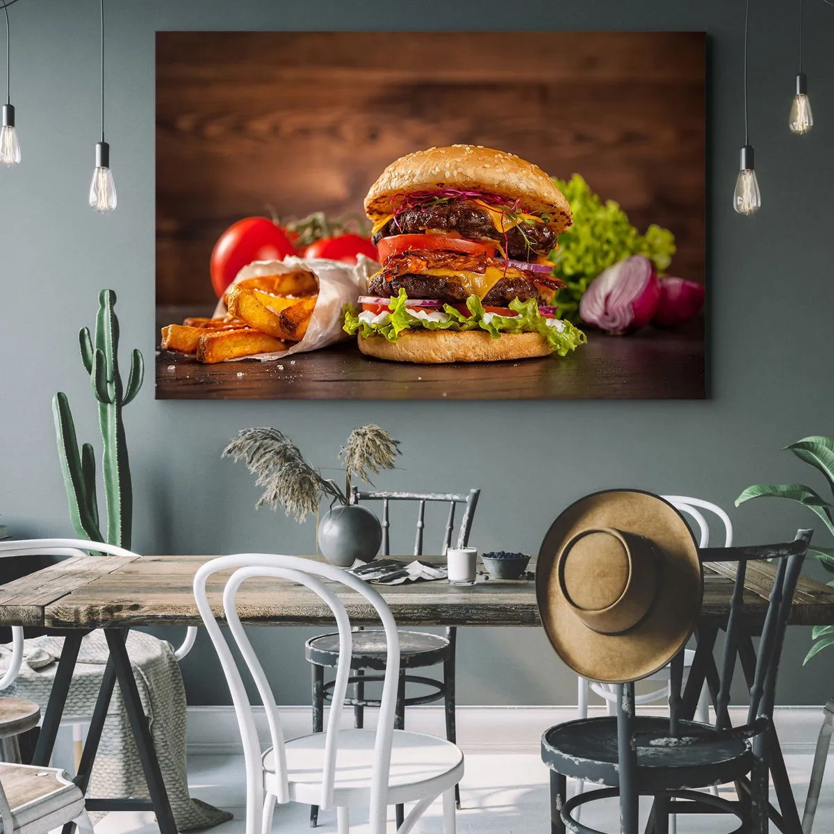 Quadro su tela - Stampe su Tela - Hamburger appetitoso con extra - 100x70cm - Frutto proibito - Decorazione murale moderna per soggiorno e camera da letto ARTTOR