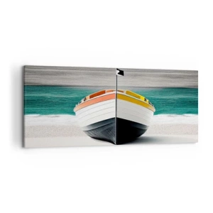 Quadro su tela - Stampe su Tela - Una barca sulla spiaggia con un mare turchese sullo sfondo - 120x50cm - Al suo posto - Decorazione murale moderna per soggiorno e camera da letto ARTTOR