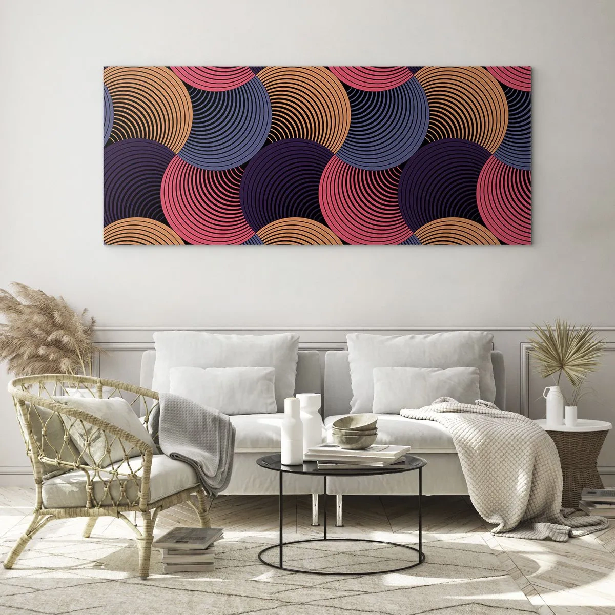 Quadro su vetro - Cerchi geometrici nelle tonalità del rosa, viola e oro - 160x50cm - Al ritmo delle sfere - Decorazione murale moderna per soggiorno e camera da letto ARTTOR