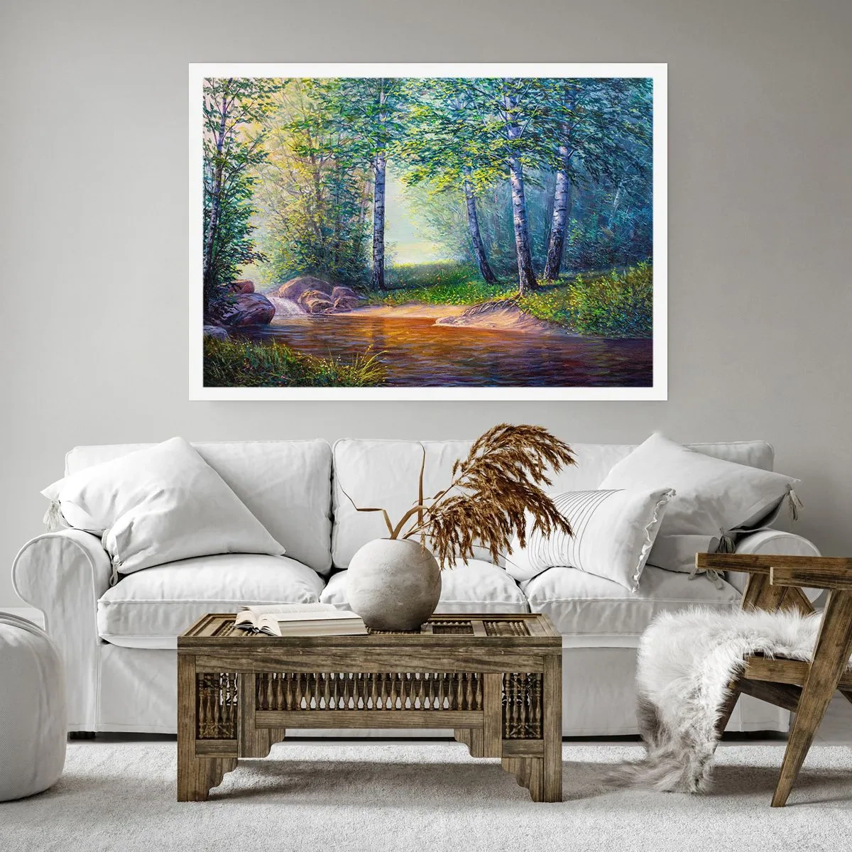 Poster - Un ruscello nella foresta circondato da betulle e sole - 100x70cm - Scena di beatitudine - Decorazione murale moderna per soggiorno e camera da letto ARTTOR