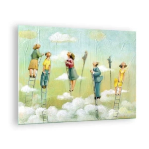 Quadro su vetro - Figure che salgono le scale tra le nuvole - 70x50cm - Seguendo i propri sogni - Decorazione murale moderna per soggiorno e camera da letto ARTTOR