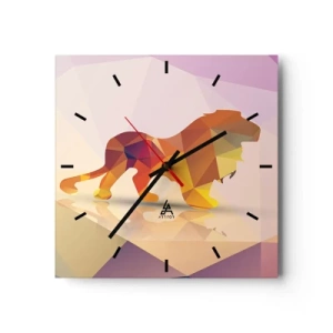 Orologio da parete - Orologio in Vetro - Silhouette geometrica di un leone nei toni del giallo e dell'arancione - 30x30cm - Il re di diamante - Decorazione murale moderna per soggiorno e camera da letto ARTTOR