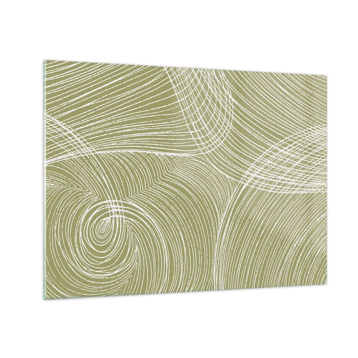 Quadro su vetro - Le linee bianche formano una struttura complessa su uno sfondo verde oliva. - 70x50cm - Astrazione intricata in bianco - Decorazione murale moderna per soggiorno e camera da letto ARTTOR