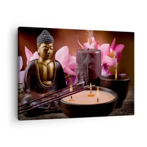 Quadro su tela - Stampe su Tela - Statuetta di Buddha con candele accese e bastoncini di incenso - 70x50cm - Purificare la mente, calmare il corpo - Decorazione murale moderna per soggiorno e camera da letto ARTTOR