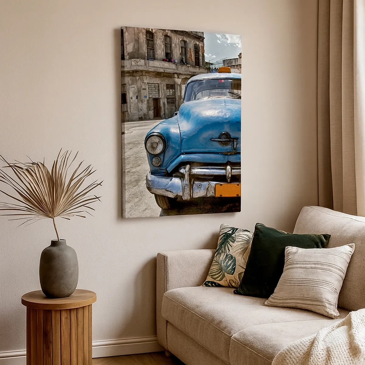Quadro su tela - Stampe su Tela - Una vecchia macchina blu sulla strada in stile retrò - 50x70cm - Antico è bello - Decorazione murale moderna per soggiorno e camera da letto ARTTOR
