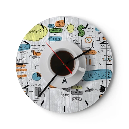Orologio da parete - Orologio in Vetro - Una tazza di caffè sullo sfondo di un business plan e grafici - 30x30cm - Un momento di pausa - Decorazione murale moderna per soggiorno, cucina e camera da letto ARTTOR