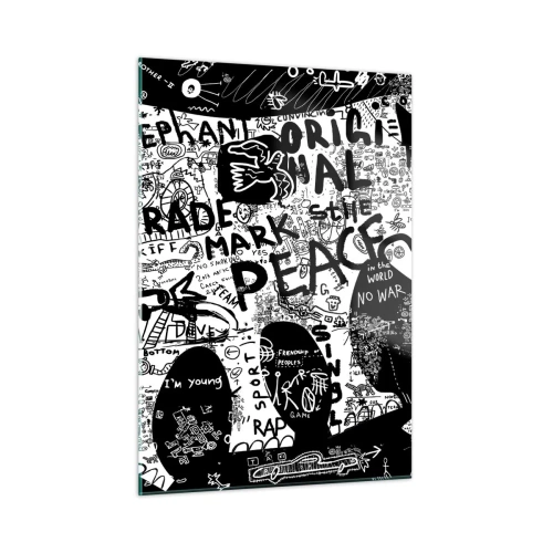Quadro su vetro - Immagine di graffiti in bianco e nero con temi di pace e libertà - 50x70cm - Il ricco mondo della strada - Decorazione murale moderna per soggiorno e camera da letto ARTTOR