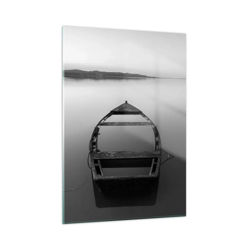 Quadro su vetro - Una vecchia barca su una superficie calma dell'acqua in bianco e nero - 50x70cm - Nostalgia e malinconia - Decorazione murale moderna per soggiorno e camera da letto ARTTOR
