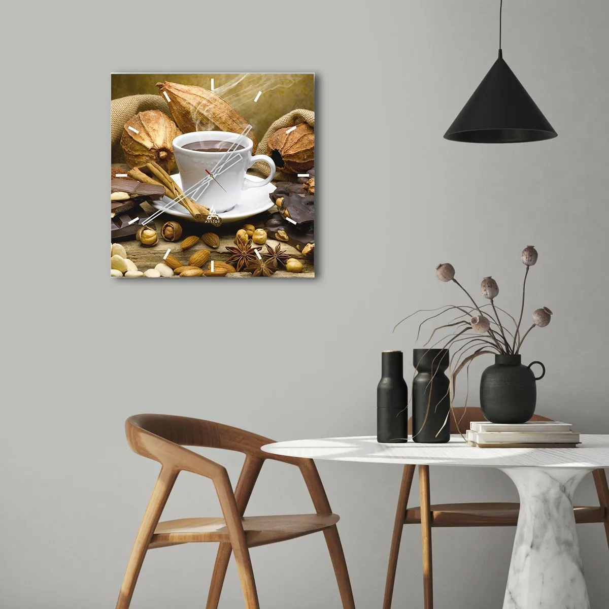 Orologio da parete - Orologio in Vetro - Una tazza di cioccolata calda circondata da cacao e cannella - 30x30cm - Per i cercatori di emozioni - Decorazione murale moderna per soggiorno e camera da letto ARTTOR