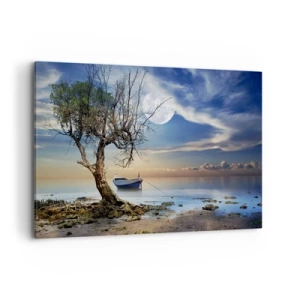 Quadro su tela - Stampe su Tela - Un albero solitario e una barca su acque calme sotto la luna piena. - 120x80cm - È la fine o l'inizio? - Decorazione murale moderna per soggiorno e camera da letto ARTTOR