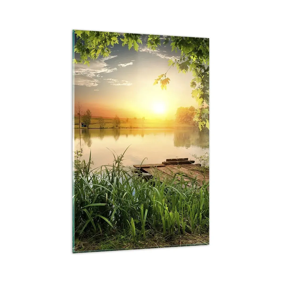Quadro su vetro - Paesaggio verde con un lago al tramonto - 80x120cm - Paesaggio incorniciato di verde - Decorazione murale moderna per soggiorno e camera da letto ARTTOR