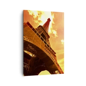 Quadro su tela - Stampe su Tela - La Torre Eiffel contro un cielo dorato durante il tramonto - 70x100cm - Monumentale, perché dorata dal sole - Decorazione murale moderna per soggiorno e camera da letto ARTTOR