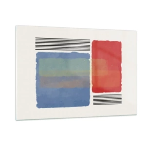 Quadro su vetro - Composizione geometrica con rettangoli rossi e blu - 120x80cm - Spirito e lettera della geometria - Decorazione murale moderna per soggiorno e camera da letto ARTTOR