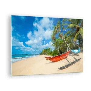 Quadro su vetro - Spiaggia tropicale con palme e barche tradizionali - 70x50cm - La bellezza dei tropici - Decorazione murale moderna per soggiorno e camera da letto ARTTOR