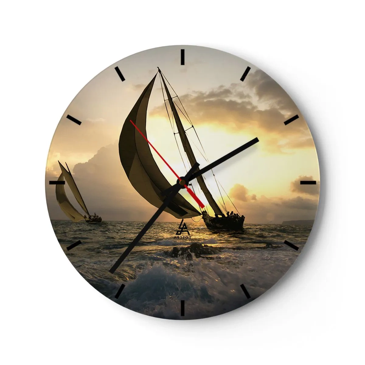 Orologio da parete - Orologio in Vetro - Barche a vela in mare aperto al tramonto - 30x30cm - Con il vento e controvento - Decorazione murale moderna per soggiorno, cucina e camera da letto ARTTOR