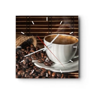 Orologio da parete - Orologio in Vetro - Una tazza di caffè con chicchi su uno sfondo di bambù - 30x30cm - Nero del carbone, trasparenza dell'ambra - Decorazione murale moderna per soggiorno e camera da letto ARTTOR