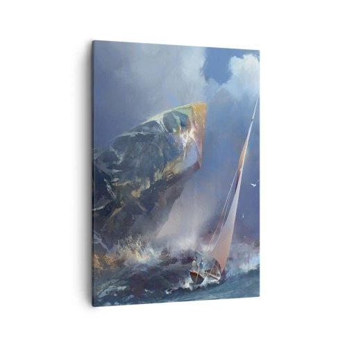 Quadro su tela - Stampe su Tela - Una barca a vela in tempesta ai piedi di una roccia enorme - 50x70cm - Vince chi ha coraggio - Decorazione murale moderna per soggiorno e camera da letto ARTTOR