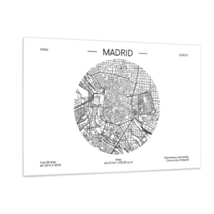 Quadro su vetro - Una mappa minimalista di Madrid in bianco e nero, di forma circolare. - 120x80cm - Anatomia di Madrid - Decorazione murale moderna per soggiorno e camera da letto ARTTOR