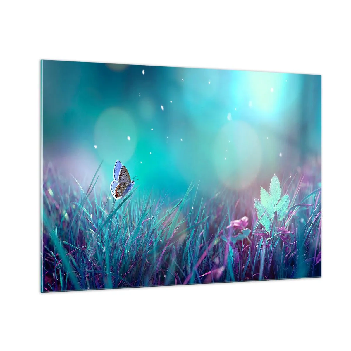 Quadro su vetro - Farfalla sull'erba in luce pastello - 100x70cm - La vita segreta del prato - Decorazione murale moderna per soggiorno e camera da letto ARTTOR