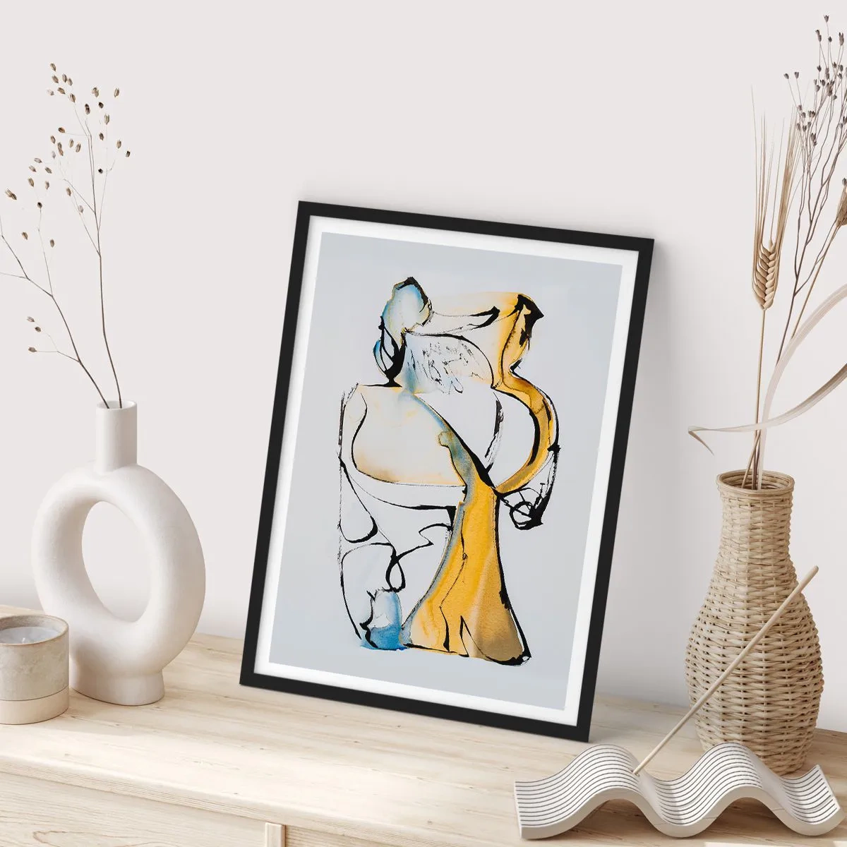 Poster in cornice nera - Una figura astratta in nero, giallo e blu, che esprime movimento ed emozione. - 50x70cm - Astrazione di vetro - Decorazione murale moderna per soggiorno e camera da letto ARTTOR