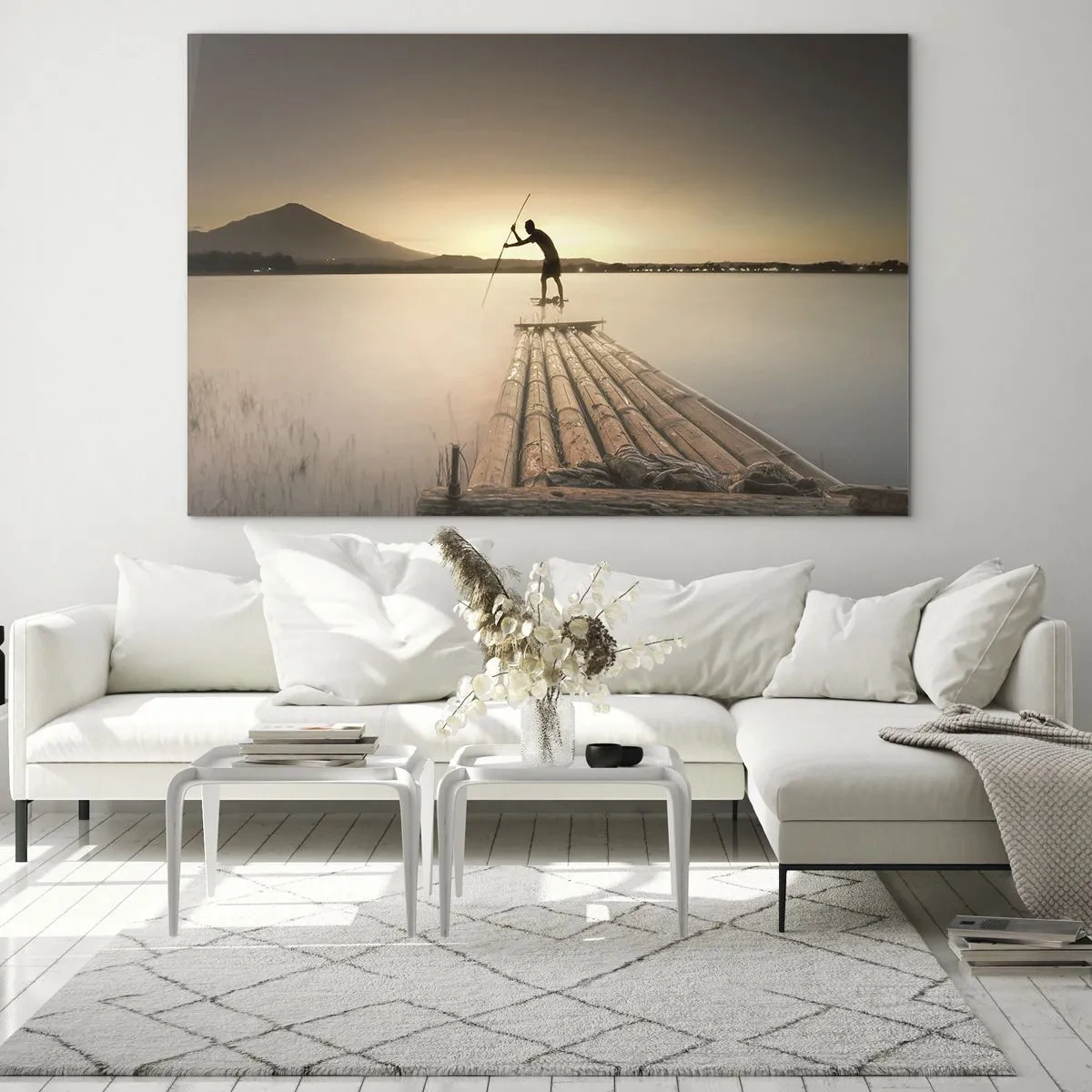 Quadro su vetro - Un pescatore su una zattera di bambù al tramonto - 120x80cm - Prima del riposo - Decorazione murale moderna per soggiorno e camera da letto ARTTOR