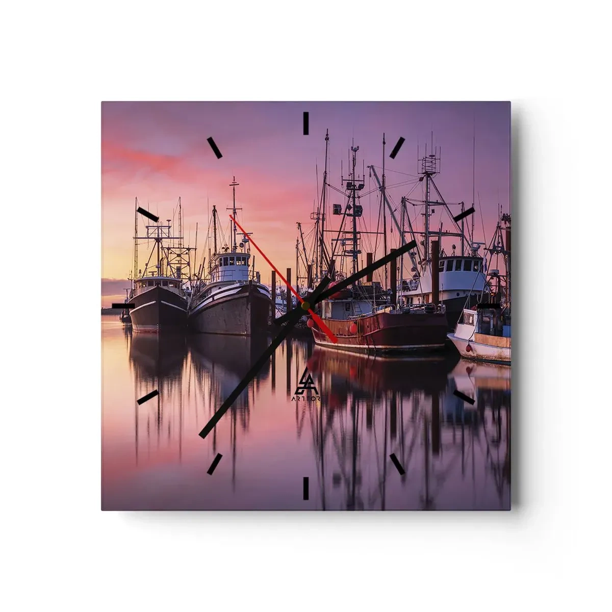 Orologio da parete - Orologio in Vetro - Barche da pesca nel porto al tramonto - 30x30cm - Prima del giorno successivo - Decorazione murale moderna per soggiorno e camera da letto ARTTOR