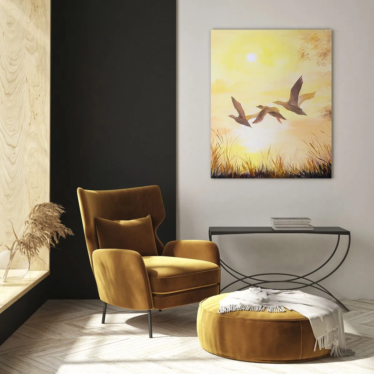 Quadro su vetro - Tre anatre che volano sopra un lago all'alba - 50x70cm - L'inizio di un lungo viaggio - Decorazione murale moderna per soggiorno e camera da letto ARTTOR