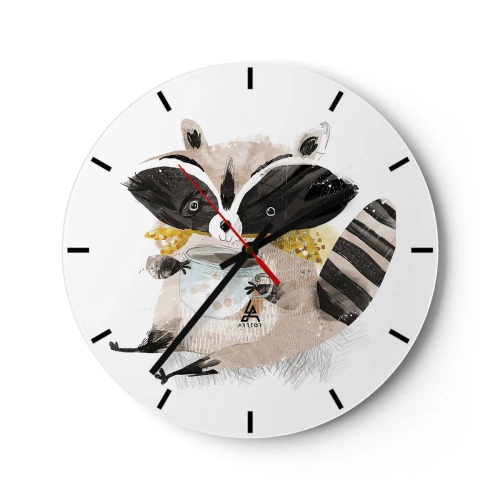 Orologio da parete - Orologio in Vetro - Un simpatico procione che tiene in mano una tazza di bevanda calda su uno sfondo bianco - 30x30cm - Il mio amico procione - Decorazione murale moderna per soggiorno, cucina e camera da letto ARTTOR