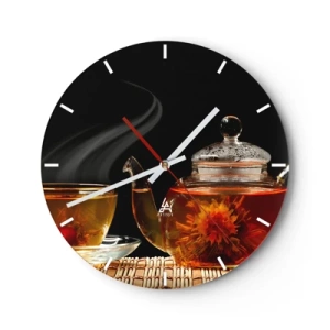 Orologio da parete - Orologio in Vetro - Una teiera di vetro e una tazza con vapore sullo sfondo - 30x30cm - La magia e l'arte del tè - Decorazione murale moderna per soggiorno, cucina e camera da letto ARTTOR