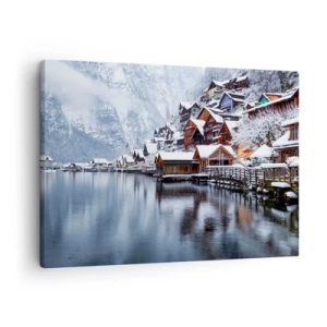 Quadro su tela - Stampe su Tela - Vista invernale di un villaggio di montagna in riva al lago - 70x50cm - Decorazione invernale - Decorazione murale moderna per soggiorno e camera da letto ARTTOR