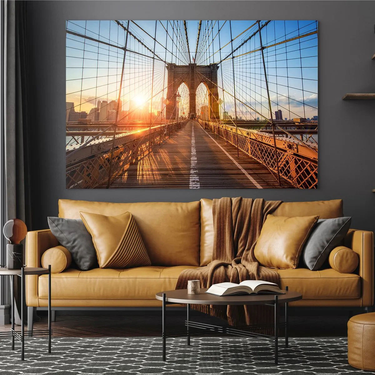 Quadro su vetro - Tramonto sul ponte di Brooklyn a New York - 100x70cm - Sul ponte d'oro - Decorazione murale moderna per soggiorno e camera da letto ARTTOR
