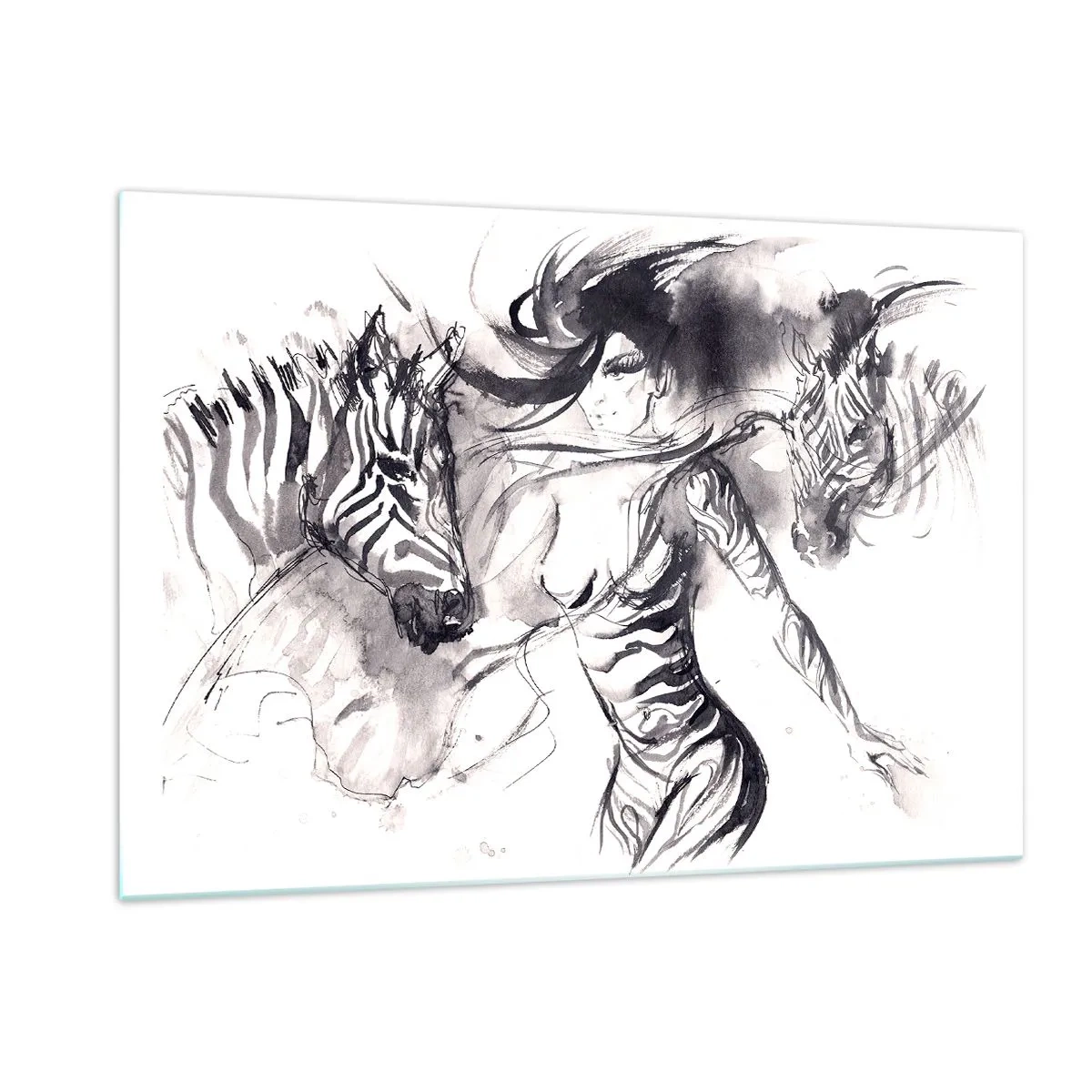 Quadro su vetro - Composizione in bianco e nero con una donna e una zebra in stile artistico - 120x80cm - Ballando con le zebre - Decorazione murale moderna per soggiorno e camera da letto ARTTOR