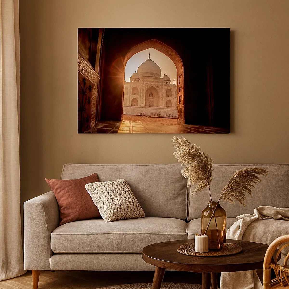 Quadro su tela - Stampe su Tela - Il Taj Mahal alla luce del sole visto dall'arco del cancello - 70x50cm - Monumento all'amore ultraterreno - Decorazione murale moderna per soggiorno e camera da letto ARTTOR